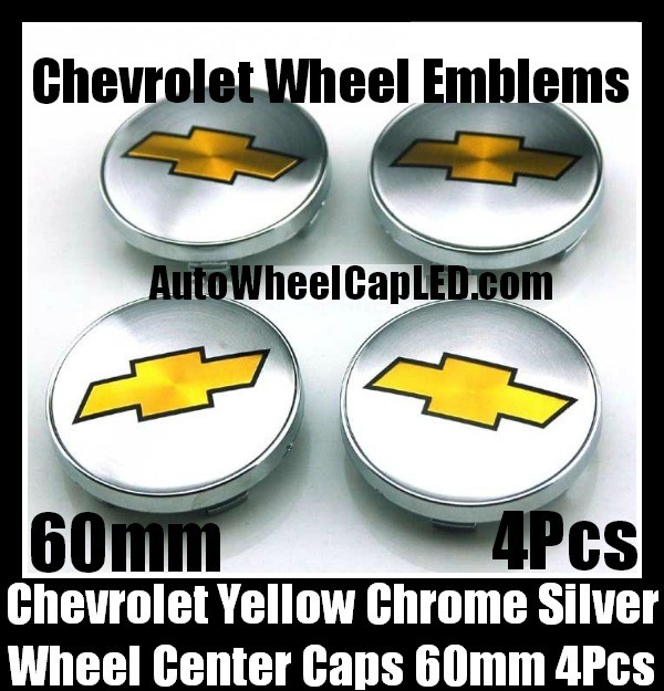 Chevrolet Chevy Metallic Yellow Chrome Silver 60mm Wheel Center Caps Emblems 4Pcs Set