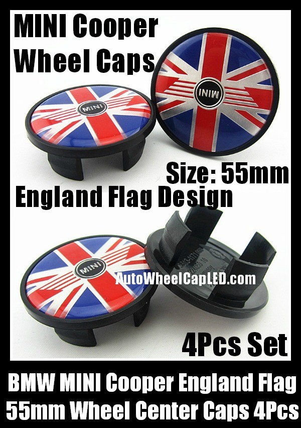 BMW Mini Cooper 55mm Wheel Center Caps Emblems England Flag Alloy Clubman S PN 3613-1171069 4Pcs Set