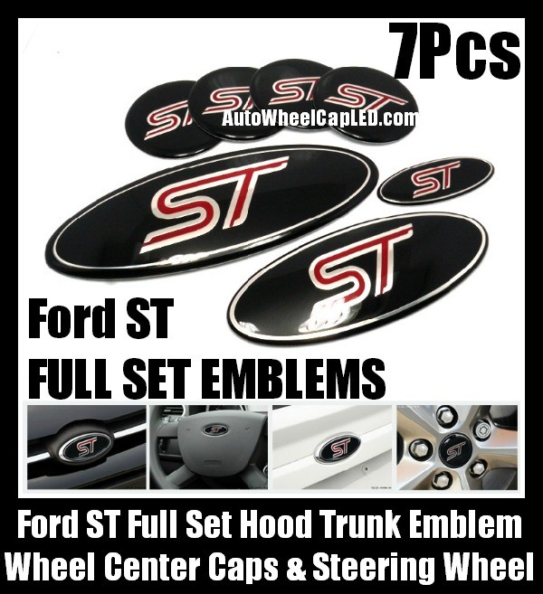 Ford ST Red Black 7Pcs Wheel Center Caps Steering Horn Hood Trunk Emblems Bonnet Boot Roundels Badges Full Set
