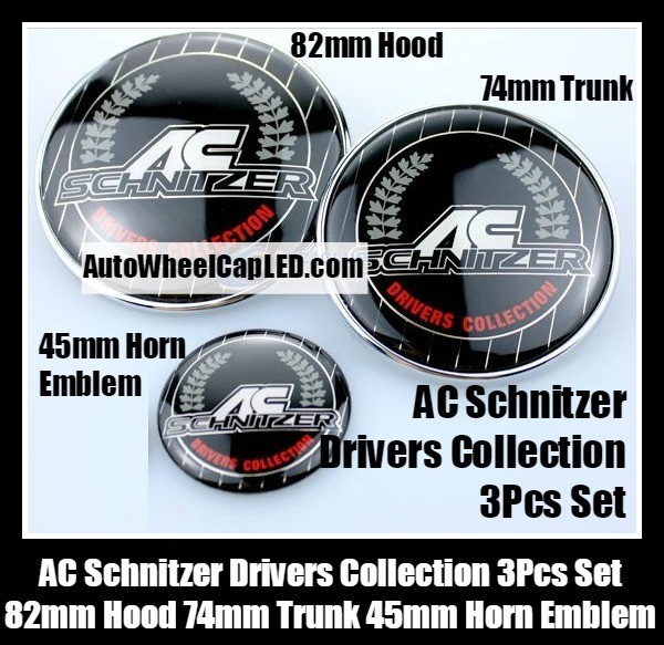 BMW AC Schnitzer Drivers Collection Emblems Badge Hood 82mm Trunk 74mm Steering Wheel Horn 45mm 3Pcs Set