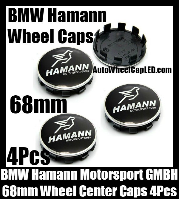 BMW Hamann Motorsport GMBH Black Silver Wheel Center Caps 68mm 4Pcs Set 10 Clips Aluminum Metal