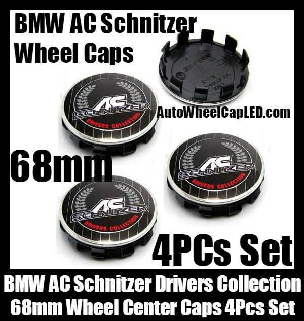 BMW AC Schnitzer Drivers Collection Wheel Center Caps 68mm 4Pcs Set Roundels 10 Clips Aluminum Metal