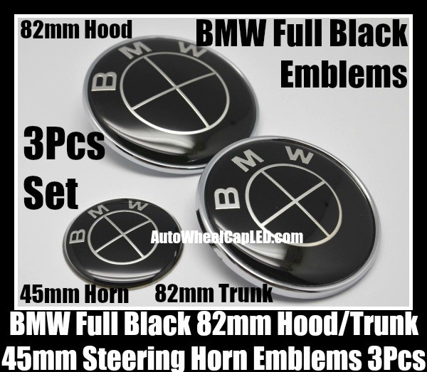 BMW Full Devil Black 82mm Hood Trunk 45mm Steering Wheel Horn Bonnet Boot Badges Emblems 3Pcs Set