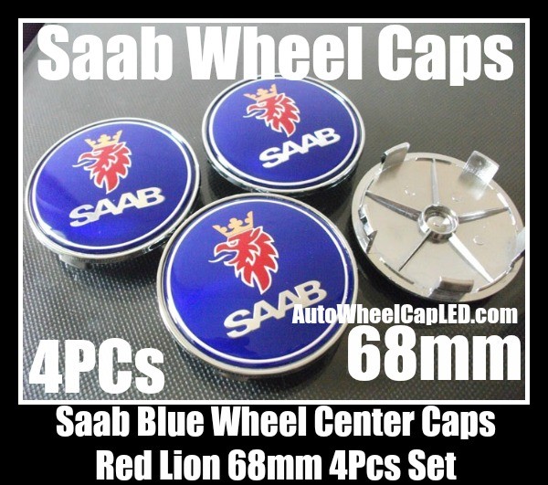 Saab Blue Wheel Center Caps Emblems 68mm Red Lion Yellow Crown 4Pcs Set 93 9-3 9-5 900 9000 9-3X 9-7X