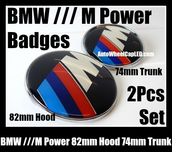 BMW ///M Power 82mm Hood 74mm Trunk Emblems Badge Bonnet Boot Aluminium Alloy 2Pcs Set