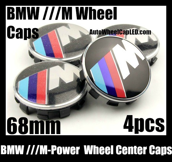 BMW ///M Power Wheel Center Caps 68mm 4Pcs Set Roundels 10 Clips Blue Red Stripes Aluminum Metal
