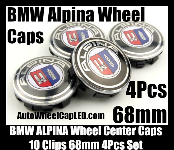 BMW Alpina Wheel Center Caps 68mm 4Pcs Set Roundels 10 Clips Aluminum Metal