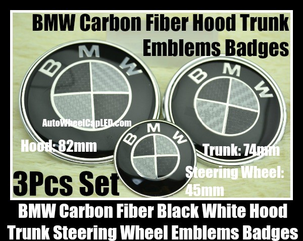 BMW Carbon Fiber Black White Steering Horn 45mm Hood 82mm Trunk 74mm Emblems 3Pcs Bonnet Boot Roundels Badges
