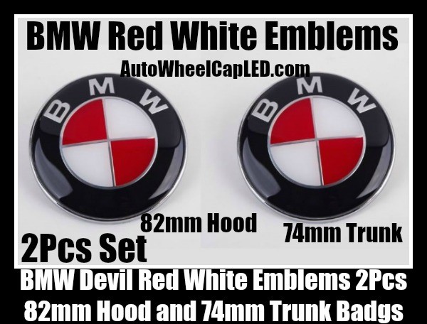 BMW Devil Red White 2Pcs 82mm Hood Trunk Emblems Badges Bonnet Boot Aluminium Alloy Roundels Set