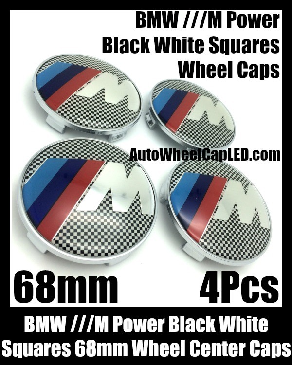 BMW ///M Power Black White Squares Wheel Center Hubs Caps 68mm 4Pcs Roundels Emblems Badges Aluminium Alloy