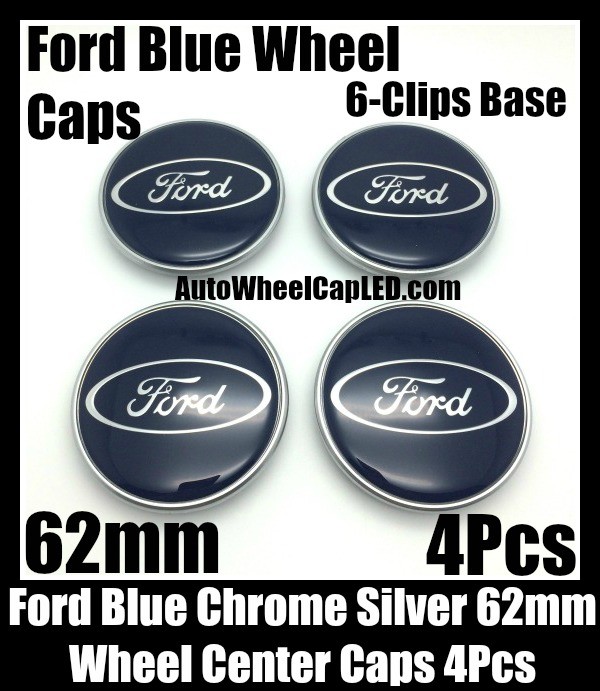 Ford Blue Wheel Center Caps Emblems 62mm Roundels Focus Fiesta Escape Mondeo 6-Clips Base 4Pcs Set