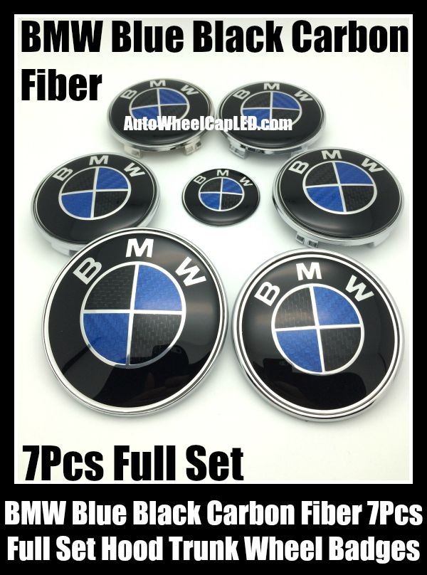 BMW Carbon Fiber Blue Black Wheel Center Caps 68mm Steering Horn 45mm Hood 82mm Trunk 74mm Emblems 7Pcs Bonnet Boot Roundels Badges Full Set