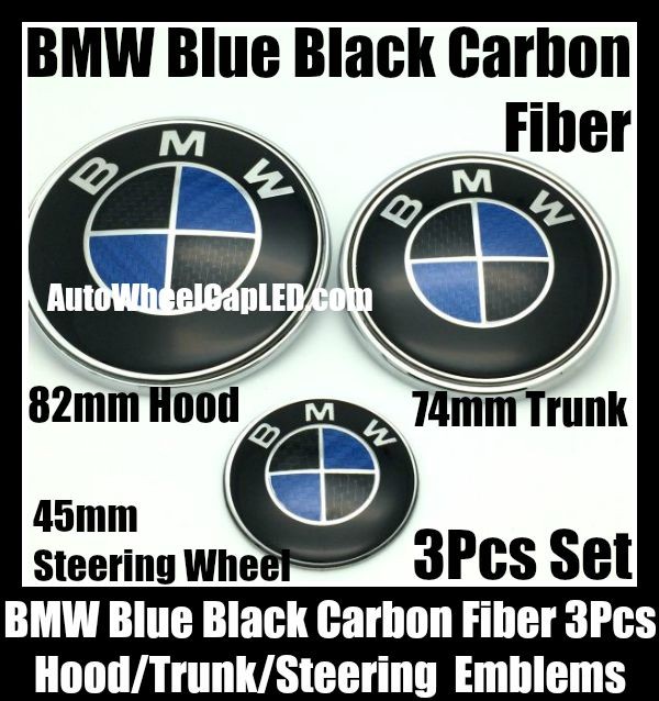 BMW Carbon Fiber Blue Black Steering Horn 45mm Hood 82mm Trunk 74mm Emblems 3Pcs Bonnet Boot Roundels Badges