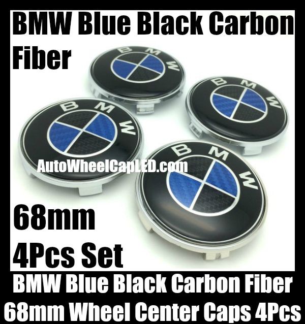 BMW Carbon Fiber Blue Black Wheel Center Hubs Caps 68mm 4Pcs Roundels Emblems Badges