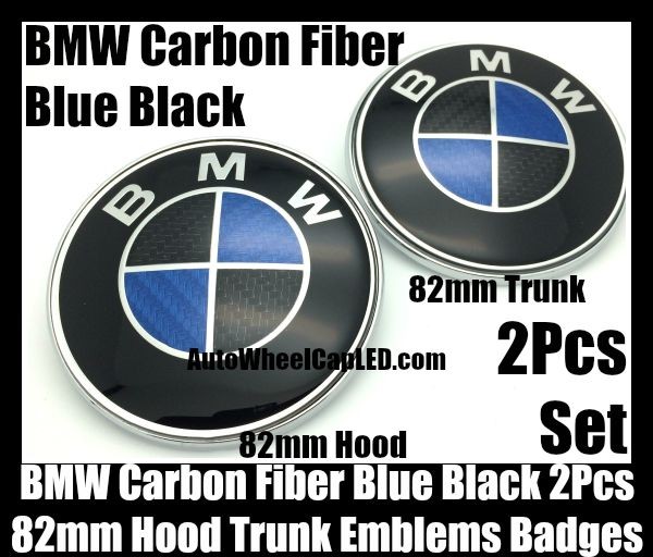 BMW Carbon Fiber Blue Black 2Pcs 82mm Hood Trunk Emblems Bonnet Boot Badges Roundels Set