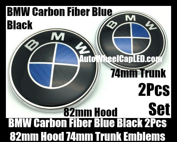 BMW Carbon Fiber Blue Black 82mm Hood 74mm Trunk Emblems Bonnet Boot Badges Roundels 2Pcs Set
