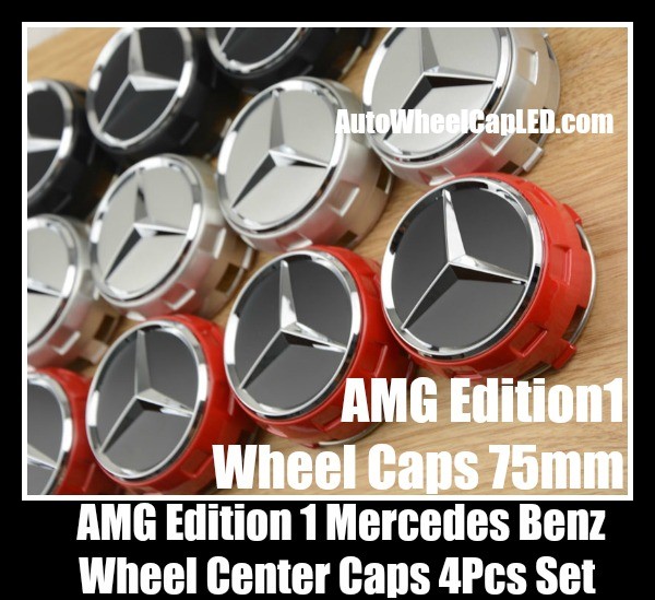 AMG Mercedes Benz Edition 1 Devil Black Red Chrome Silver Wheel Center Caps 75mm Hubs Emblems Badges CLK ML GL SL CL E C S Class 4Pcs