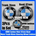 BMW Carbon Fiber Blue White Steering Horn 45mm Hood 82mm Trunk 74mm Emblems 3Pcs Bonnet Boot Roundels Badges