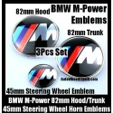 BMW ///M Power Emblems 82mm Hood Trunk Steering Wheel Horn 45mm 3Pcs Set Blue Red Stripes Bonnet Boot Badges M3 M5 M6