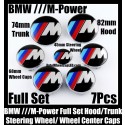 BMW ///M Power Wheel Center Caps 68mm Steering Horn 45mm Hood 82mm Trunk 74mm Emblems 7Pcs Bonnet Boot Roundels Badges Full Set M3 M5 M6