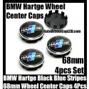 BMW Hartge Black Blue Stripes Wheel Center Caps 68mm 4Pcs Set Roundels 10 Clips Aluminum Metal