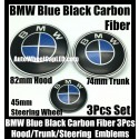 BMW Carbon Fiber Blue Black Steering Horn 45mm Hood 82mm Trunk 74mm Emblems 3Pcs Bonnet Boot Roundels Badges