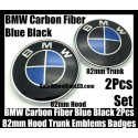 BMW Carbon Fiber Blue Black 2Pcs 82mm Hood Trunk Emblems Bonnet Boot Badges Roundels Set