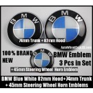 BMW Blue White 82mm Hood + 74mm Trunk + 45mm Steering Wheel Horn Emblem Roundel Badge 3 Pieces