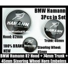 BMW Hamann Black Silver Bonnet Boot Emblems Hood 82mm Trunk 74mm Steering Wheel Horn 45mm 3Pcs in Set Motorsport GMBH