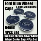 Ford Blue Wheel Center Caps Emblems 64mm Roundels Focus Fiesta Escape Mondeo 4-Clips w Ring Base 4Pcs Set