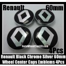 Renault Black Chrome Silver 60mm Wheel Center Caps Emblems Aluminum 4Pcs Set