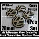 VW Volkswagen 70mm Black Chrome Silver Wheel Center Cap Stickers Emblems Curve Aluminum 4Pcs Set