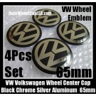 VW Volkswagen 65mm Black Chrome Silver Wheel Center Cap Stickers Emblems Curve Aluminum 4Pcs Set