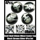 Devil Black Chrome Silver Skull 60mm Wheel Center Cap Stickers Emblems Curve Aluminum 4Pcs Set Logo