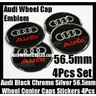 Audi Black Chrome Silver Rings Wheel Center Caps Emblems Roundels Red Stickers 56.5mm 4Pcs Set