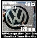 VW Volkswagen 120mm Black Chrome Silver Wheel Center Cap Stickers Emblems Curve Aluminum 4Pcs Set