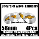 Chevrolet Chevy Yellow Chrome Silver Wheel Center Caps Emblems Stickers 56mm 4Pcs Set