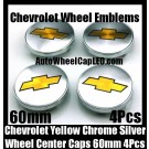 Chevrolet Chevy Metallic Yellow Chrome Silver 60mm Wheel Center Caps Emblems 4Pcs Set