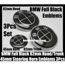 BMW Full Devil Black 82mm Hood Trunk 45mm Steering Wheel Horn Bonnet Boot Badges Emblems 3Pcs Set