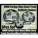BMW Carbon Fiber Black White Steering Horn 45mm Hood 82mm Trunk 74mm Emblems 3Pcs Bonnet Boot Roundels Badges