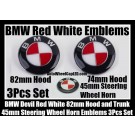 BMW Devil Red White Steering Wheel Horn 45mm Hood Trunk 82mm Emblems 3Pcs Bonnet Boot Roundels Badges Set