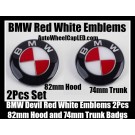 BMW Devil Red White 2Pcs 82mm Hood Trunk Emblems Badges Bonnet Boot Aluminium Alloy Roundels Set