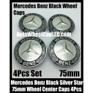 Mercedes Benz 75mm Black Chrome Silver Star Wheel Center Caps Emblems 4Pcs Set C Class E S CLK SLK
