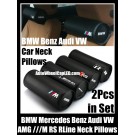 BMW AMG Audi RS VW RLine ///M Black Car Neck Pillows Cushions Mercedes Benz Embroidery Headrests Leather 2Pcs