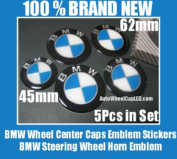 BMW Blue White 62mm Wheel Center Caps Roundels 45mm Steering Horn Emblems Badges Stickers 5Pcs Full Set