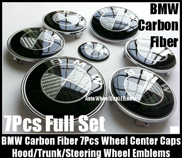 BMW Carbon Fiber Black White Wheel Center Caps 68mm Steering Horn 45mm Hood 82mm Trunk 74mm Emblems 7Pcs Bonnet Boot Roundels Badges Full Set