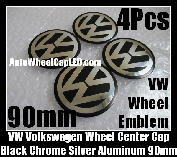 VW Volkswagen 90mm Black Chrome Silver Wheel Center Caps Roundels Stickers 4Pcs Emblems Badges Curve Aluminum Alloy
