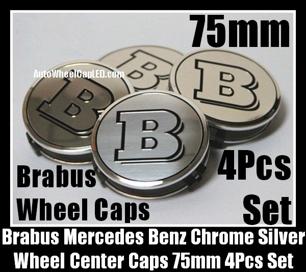 Brabus Mercedes Benz Chrome Silver Wheel Center Caps 75mm CLK S C Class C200 C180 E63 4Pcs Set