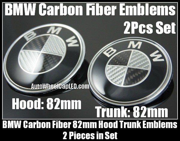 BMW Black White Carbon Fiber 2Pcs 82mm Hood Trunk Emblems Bonnet Boot Roundels Badges