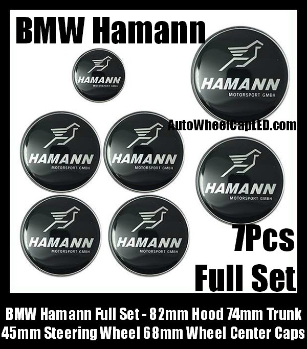 BMW Hamann 7Pcs Emblems 82mm Hood 74mm Trunk 68mm Wheel Center Caps 45mm Steering Horn Motorsport GMBH Bonnet Boot Roundels Badges Silver Bird Full Set